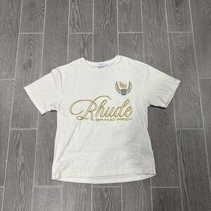 Rhude Grand Prix Cream T-Shirt with Gold Script Logo, Unisex, Small